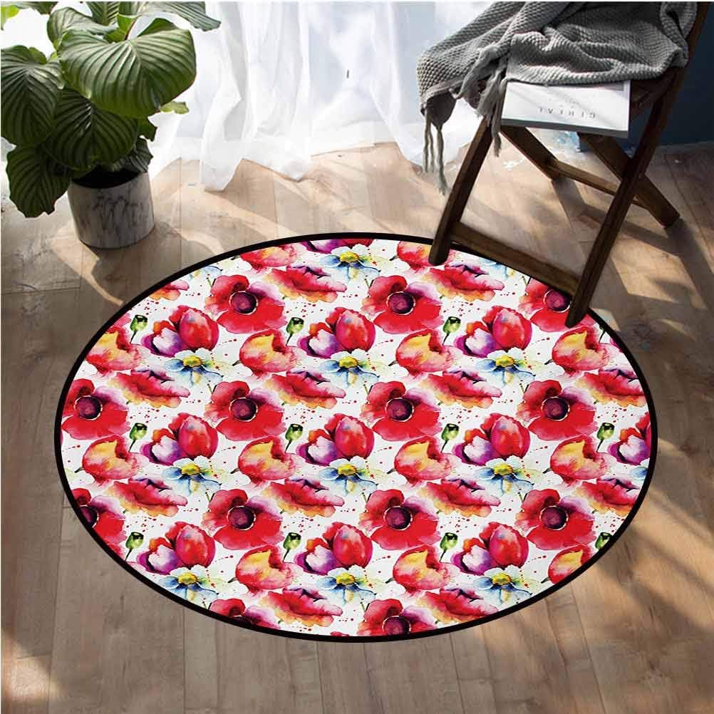 Poppy Area Rug Modern Indoor Rugs Extra Soft and Comfy Carpet Round 4ft Diameter Colorful Combined Mixed Poppy Flower Petals Pattern Spring Garden Theme Paint Effect