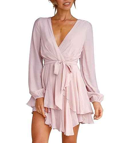 Womens Cocktail Dresses Deep V-Neck Long Sleeve Ruffle Hem Wrap