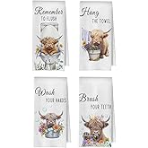 BlissfulAbon Highland Cow Bathroom Hand Towels Set, Highland Cow Decorative Waffle Weave Hand Towels, Flush Hang Wash Brush Cattle Hand Tea Towel for Bathroom, 16x24 Inch Set of 4