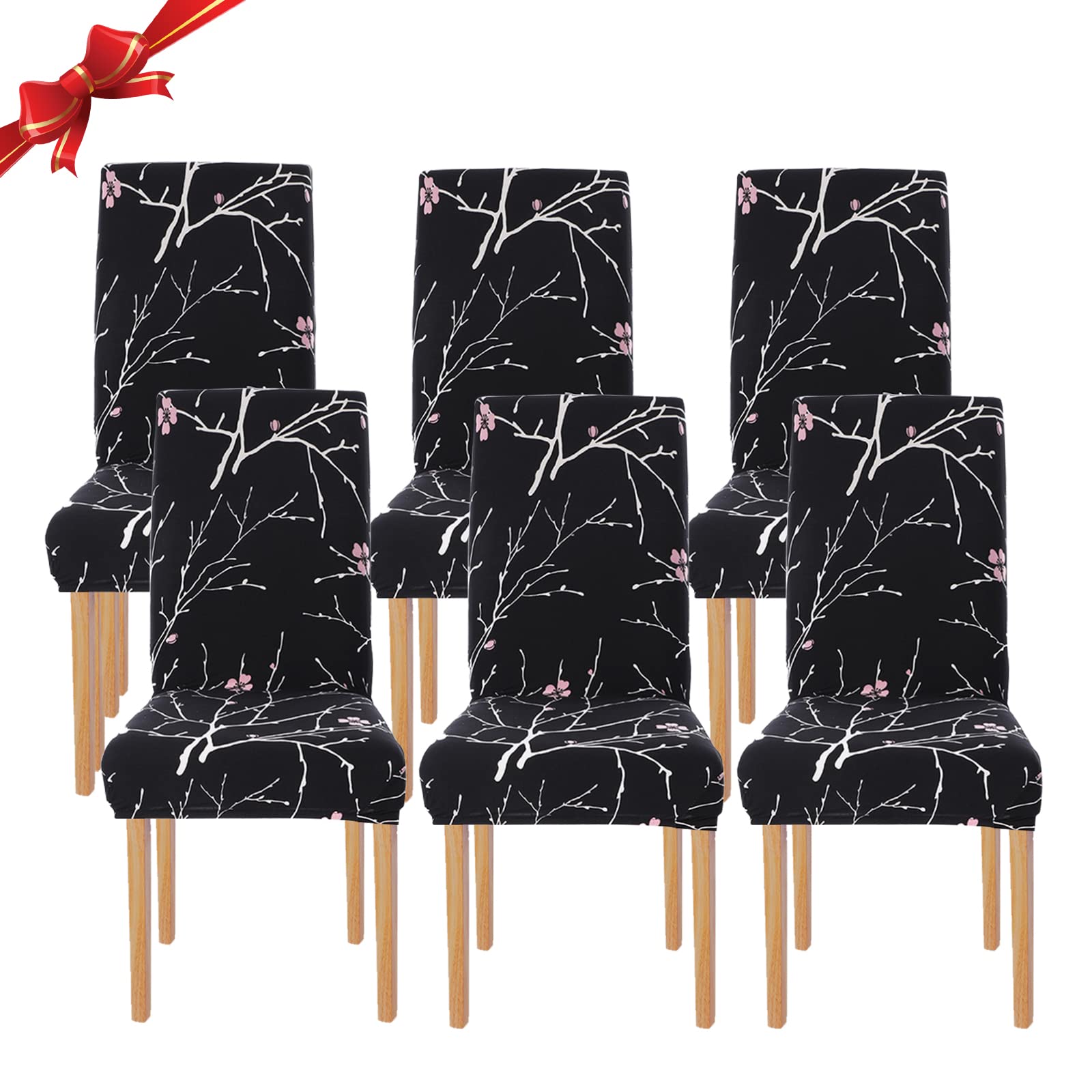 Jaotto 6-Piece Stretch Dining Chair Covers, Universal Washable Chair Covers, Easy to Clean Chair Cover for Dining Room Hotel Restaurant Decor (Black Flower, Pack of 6)