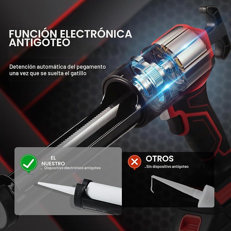 Pistola de Cartucho Inalámbrica de 300 ml Pistola de Calafateo Eléctrica de 20 V Pistola de Silicona con Batería de 2,0 Ah Cargador Rápido Antigoteo 4 Velocidades para Calafatear, Llenar, Sellar