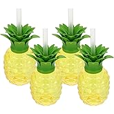 4Pcs Pineapple Shaped Plastic Cups Reusable Drinking Mugs with Lids & Straws for Hawaii Luau Birthdays Party Supplies Pineapple Cups with Straws