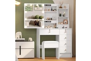 Vanity Desk with Sliding Mirror and Lights, Small Makeup Vanity Table Set with Chair and Drawers, White Vanity for Bedroom, D