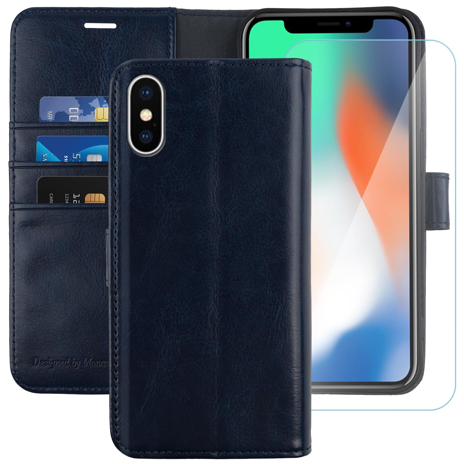 MONASAY iPhone XS Wallet Case/iPhone X Wallet Case,5.8-inch [Glass Screen Protector Included] Flip Folio Leather Cell Phone Cover with Credit Card Holder for Apple iPhone XS/X,Blue