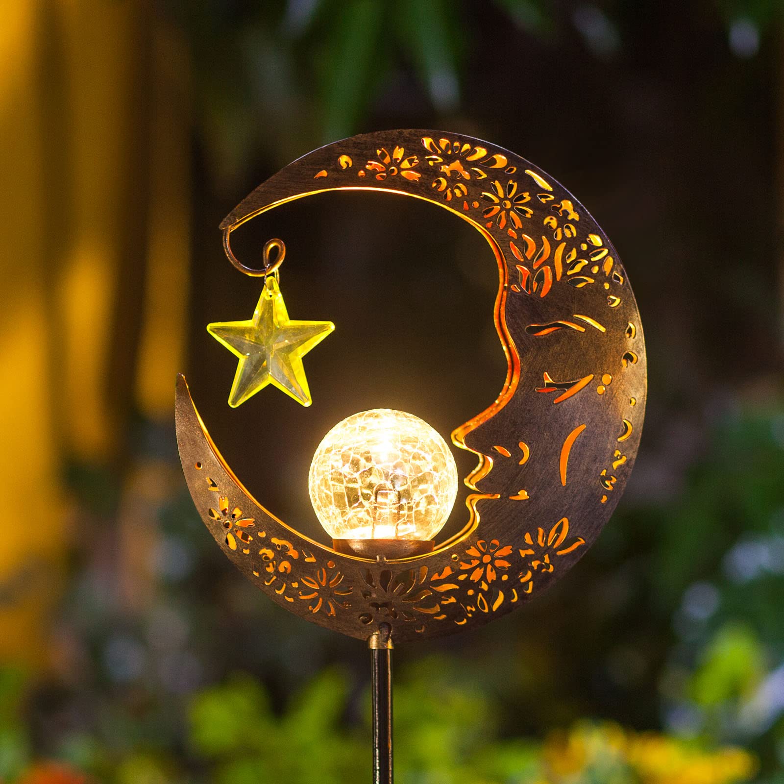 Photo 1 of Hapjoy Solar Lights Outdoor Decor Moon Lantern for Patio,Lawn or Pathway Moon Decorations Crackle Glass Globe Stake Metal Lights Waterproof Warm LED Garden Gifts (Bronze)