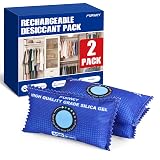 FURWEY 2 Pack Rechargeable Desiccant Packs, 100g Each, Blue, Color Indicating Silica Gel Dehumidifier Bags for Storage, Closets, Cars, Bins