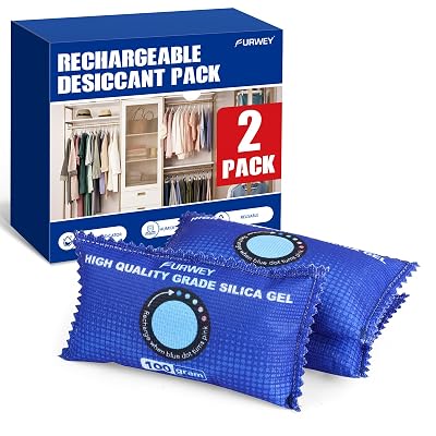 FURWEY 2 Pack Rechargeable Desiccant Packs, 100g Each, Blue, Color Indicating Silica Gel Dehumidifier Bags for Storage, Closets, Cars, Bins