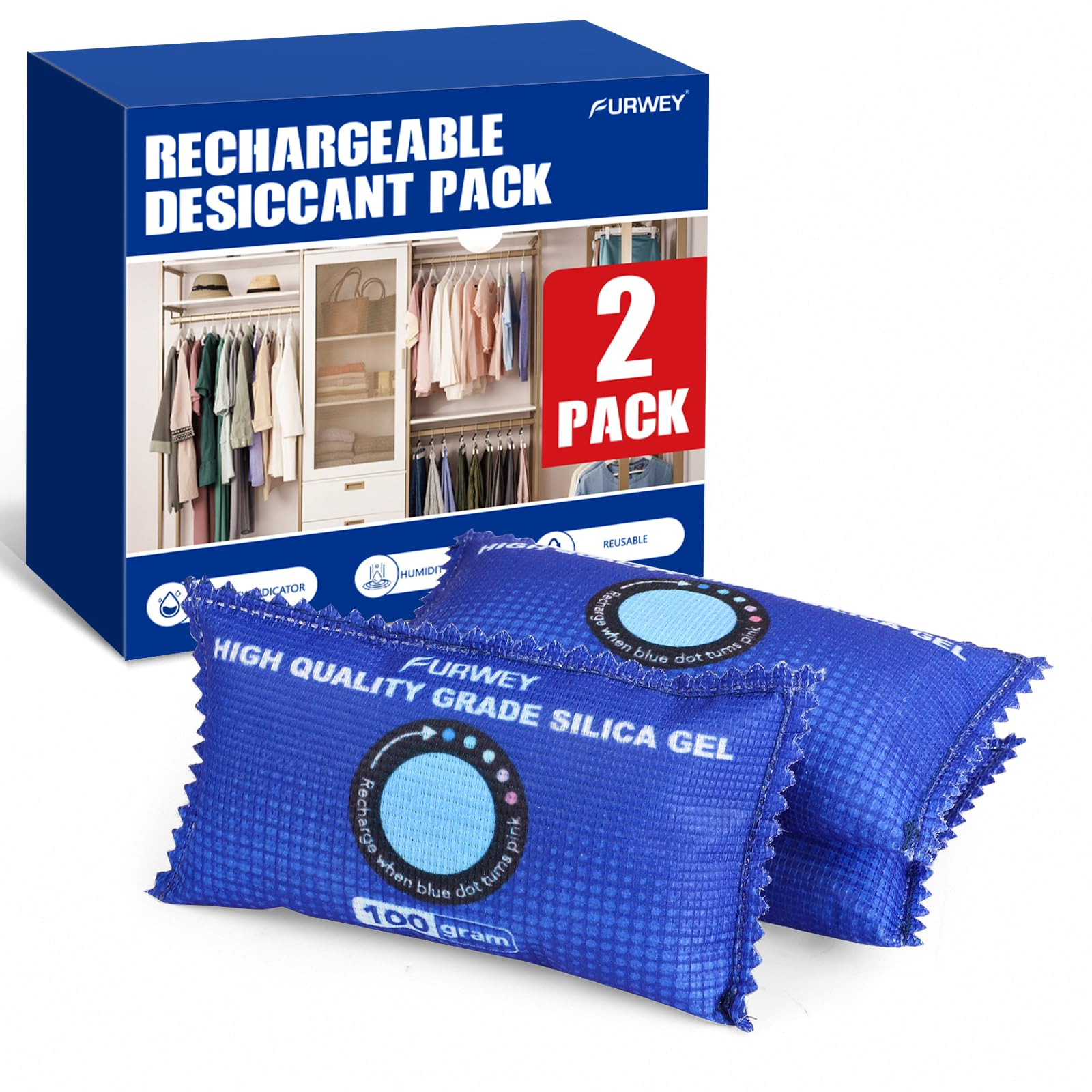 FURWEY 2 Pack Rechargeable Desiccant Packs, 100g Each, Blue, Color Indicating Silica Gel Dehumidifier Bags for Storage, Closets, Cars, Bins