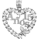 Claddagh Gold Sterling Silver Sweet 15 Anos Quinceanera Pendant with Cubic Zirconia Heart with Butterfly
