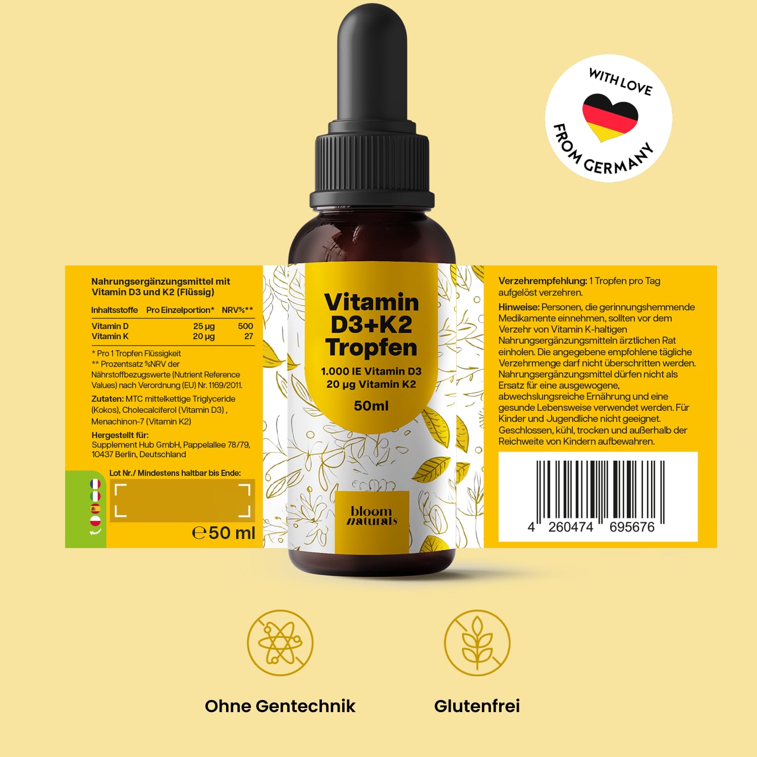 Vitamin D3 K2 Tropfen hochdosiert - 50 ml - 1.000 IE D3 + 20 µg K2, Vitamin D produziert in Deutschland - Verpackung kann variieren Laborgeprüft 6