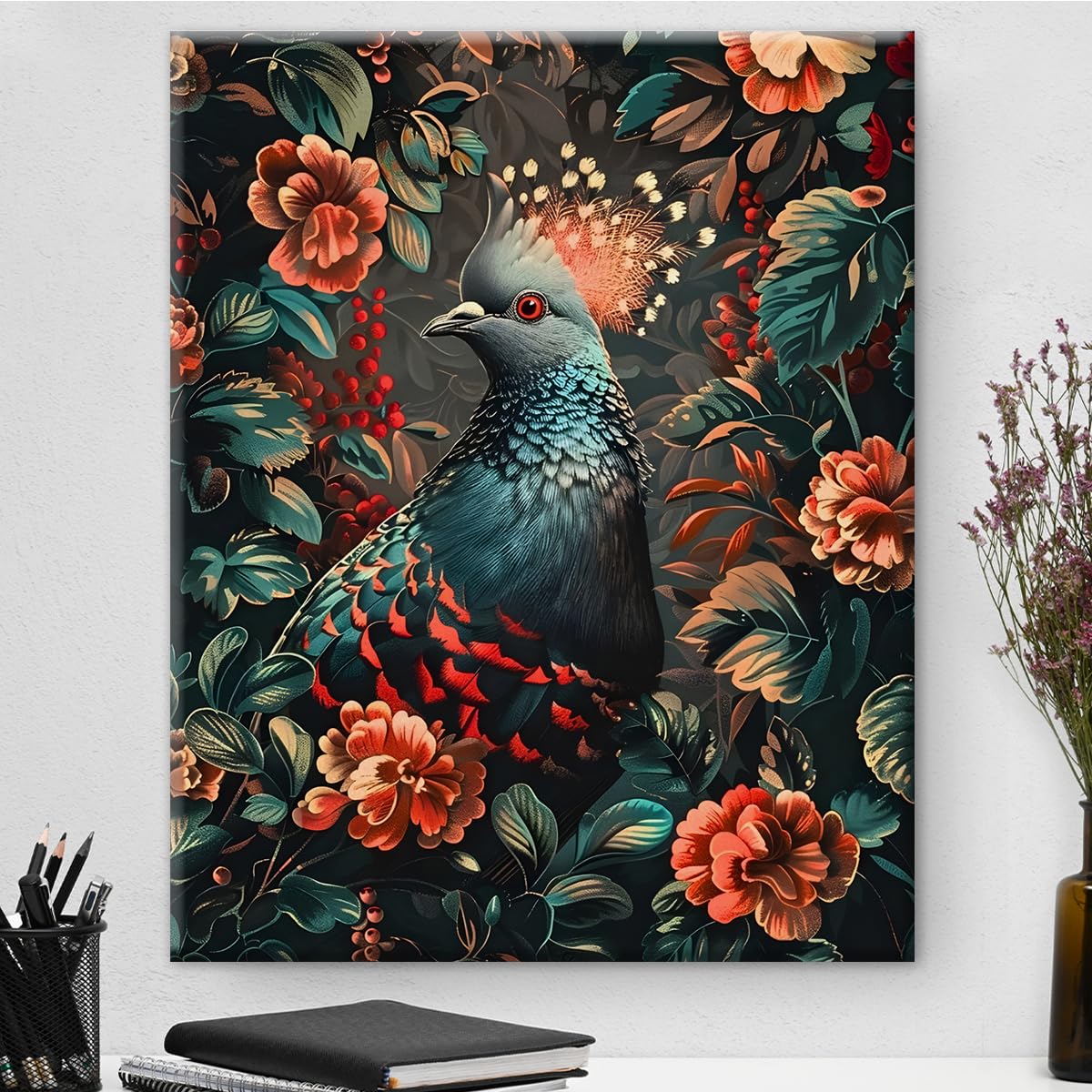 Photo 1 of Botanical Pigeon Bird Canvas Wall Art Vintage Flowers Bird Picture Artwork Aesthetic Painting for Home Farmhouse Living Room Bedroom Wall Decor 8x10 Inch