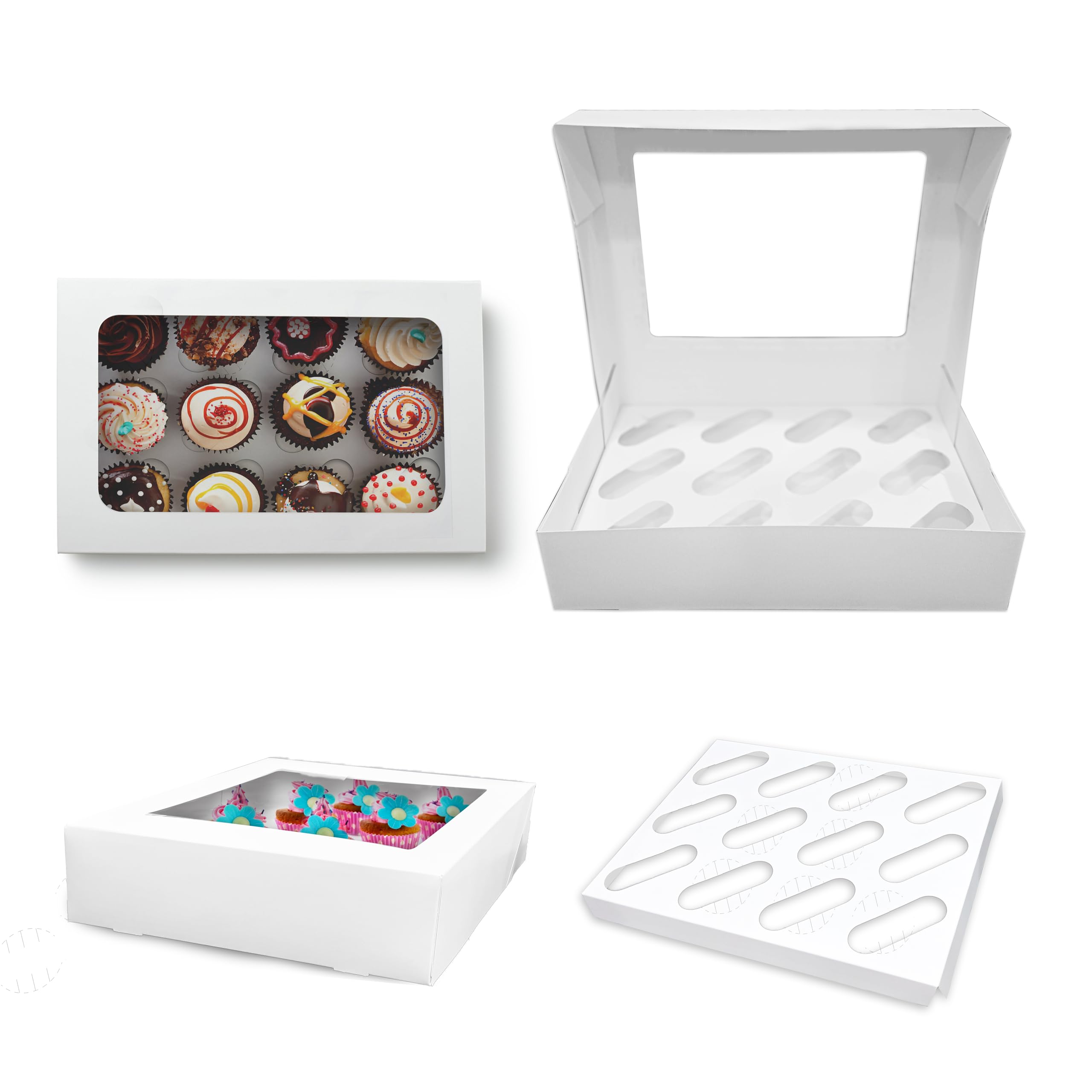 Amour 12 Hole Cupcake Boxes – 10 Pcs Lightweight Cupcake Boxes with Clear Viewing Window & Removable Insert Tray for 12 Standard Size Cupcakes & Muffins - Easy to Assemble