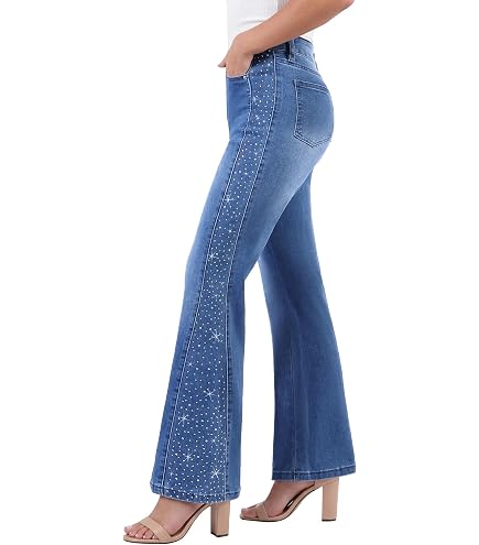 heipeiwa Women's Pearl Rhinestone Jeans Wide Leg Baggy Denim Pants