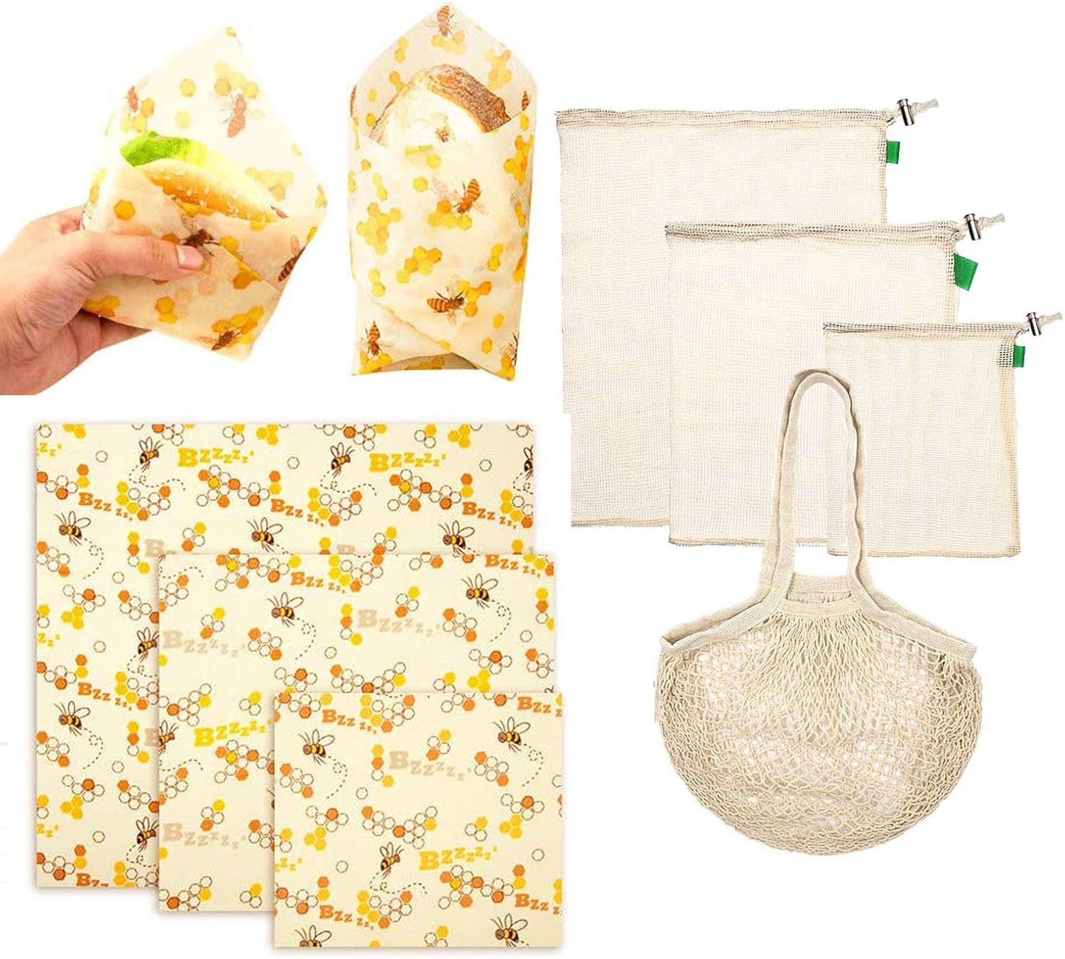 3 x Reusable Beeswax Food Wrap & 3 x Cotton Mesh Produce Bags with Drawstring & 1 x Foldable Pocket Tote Bag