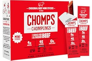 Chomps Snack Size Grass-Fed Original Beef Jerky Snack Sticks 0.5oz 24-Pack - Keto, Paleo, Whole30, 4g Lean Meat Protein, Gluten-Free, Zero Sugar Food, Non-GMO Chomplings