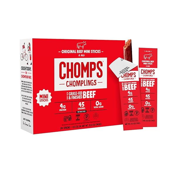 CHOMPS SNACK SIZE GRASS-FED ORIGINAL BEEF JERKY SNACK STICKS 0.5OZ 24-PACK – KETO, PALEO, WHOLE30, 4G LEAN MEAT PROTEIN, GLUTEN-FREE, ZERO SUGAR FOOD, NON-GMO CHOMPLINGS