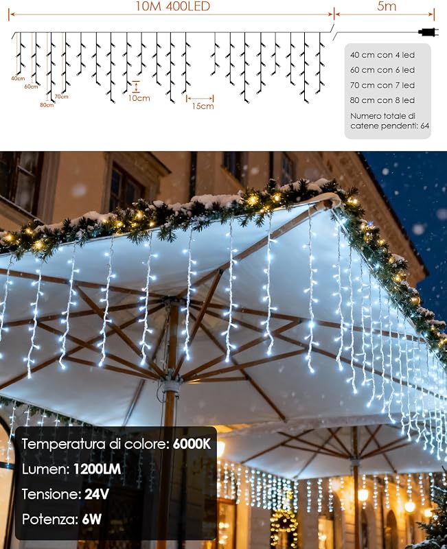 Luci di Natale da Esterno Cascata 10m 400led Bianco Freddo, Tenda Luminosa con RF Telecomando, 8 Modalità + 4 Luminosità + Timer, Luci Led Natale per Balcone Terrazza Giardino — foto 3 di 7