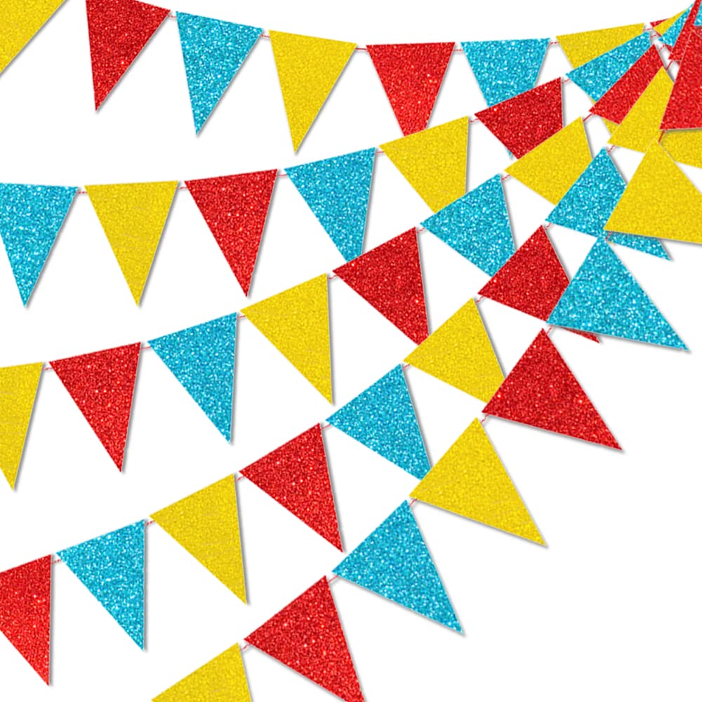 Photo 1 of 45 Pieces Colorful Pennant Flags - 49ft Carnival Theme Party Garland Banner Yellow Blue Red Glitter Paper Pennant Triangle Bunting Flag for Baby Shower Home Classroom Decor
