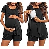 Ekouaer Women's Maternity Nursing Pajamas Set Breastfeeding Sleepwear Double Layer Short Sleeve Top & Shorts Nursing Pjs
