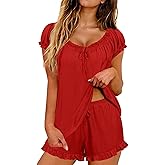 LOMON Womens Pajama Set 2 Piece Smocked Sleeve Top and Ruffle Shorts with Pocket Sleepwear Bridal Pj Sets for Party