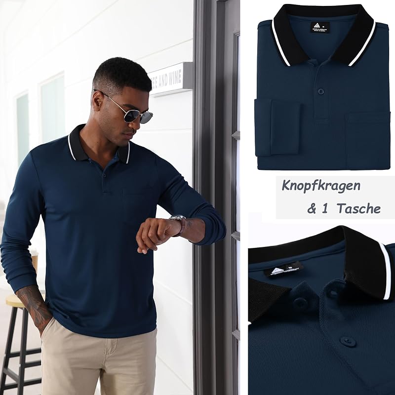 Poloshirt Herren Langarm Knopfkragen Arbeitshemd Atmungsaktiv Arbeits Poloshirts Button Down Polohemd Golf Frühling Herbst Casual Polo Hemd,Marineblau,M