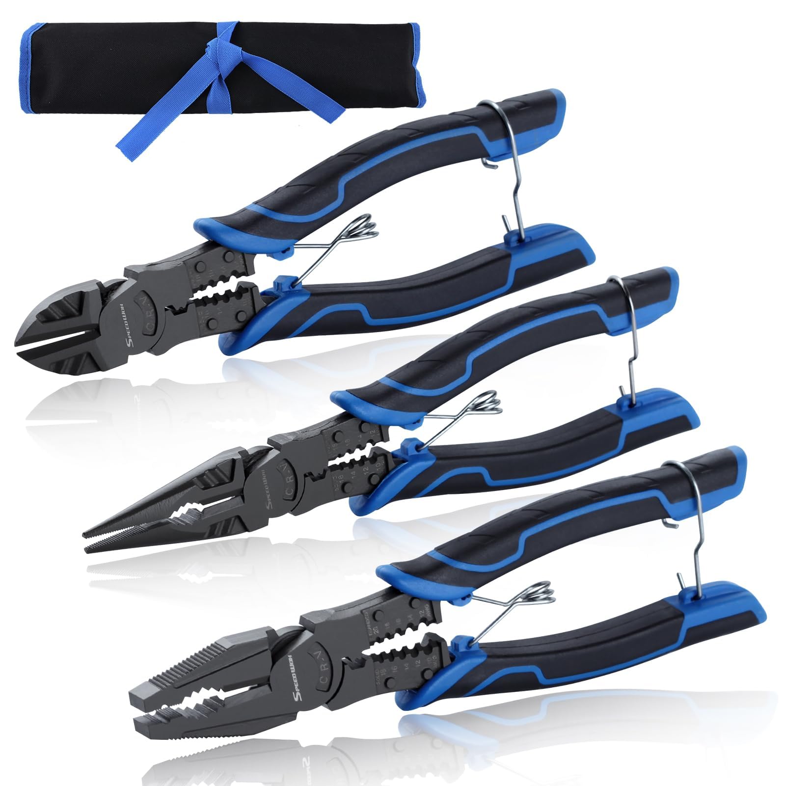 SPEEDWOX 3Pcs Heavy Duty Pliers Set 6 in 1 Multifunctional Wire Stripper Crimper Cutter 9" Long Nose Pliers 9" Linesman Pliers, 8" Diagonal Side Cutting Pliers Combination Pliers Set