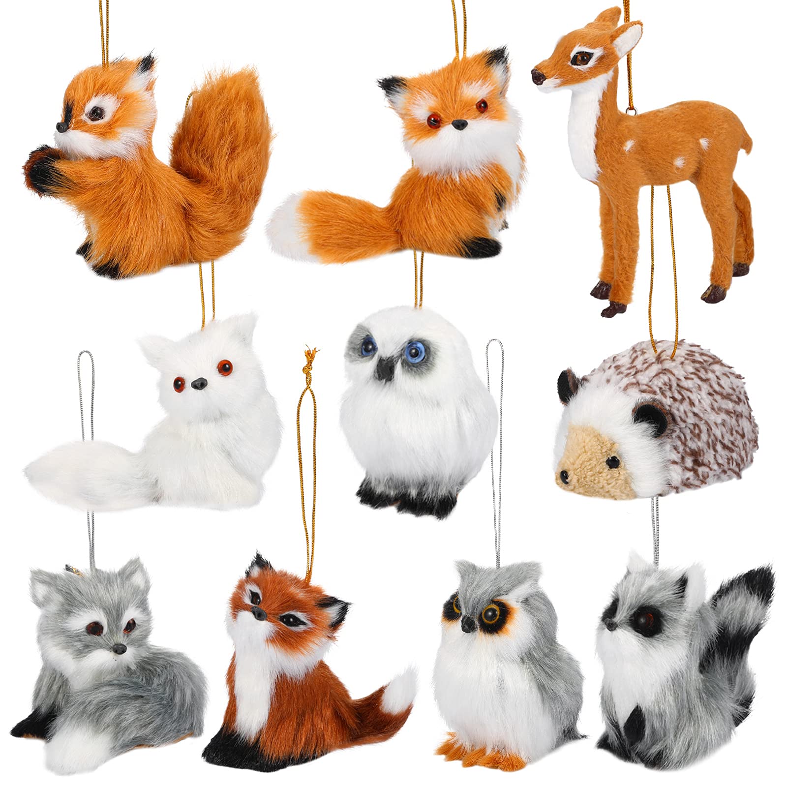 Skylety 10 Pieces Forest Animals Ornaments Woodland Animal Faux Fur Plush Hanging Ornaments Family Educational Playset for Gift Birthday Party Supplies(Animals)