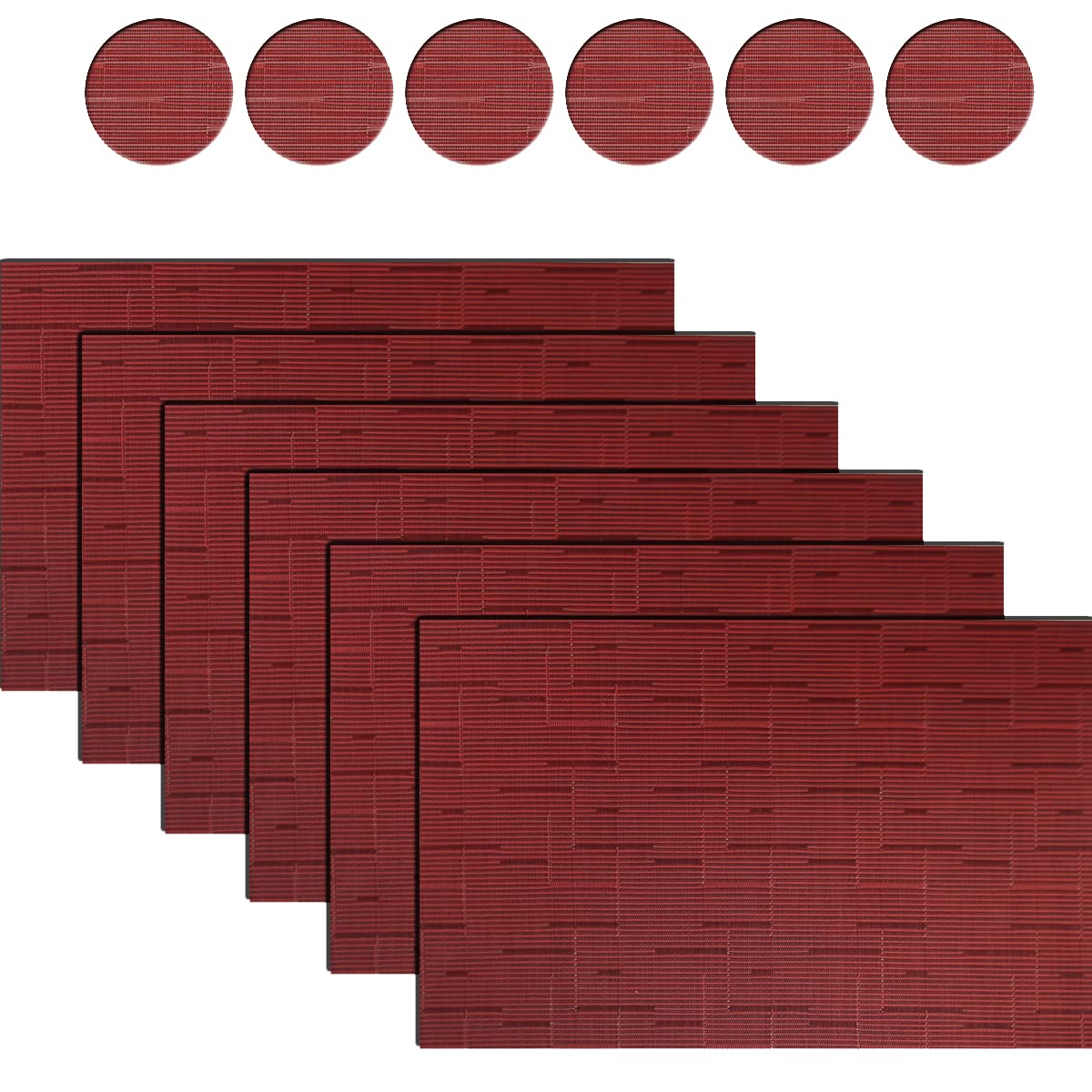 BECHEN Plastic Placemats and Coasters,Non Slip Washable Placemats for Dining Table Wipe Clean Table Mats Set of 6(Burgundy Red)
