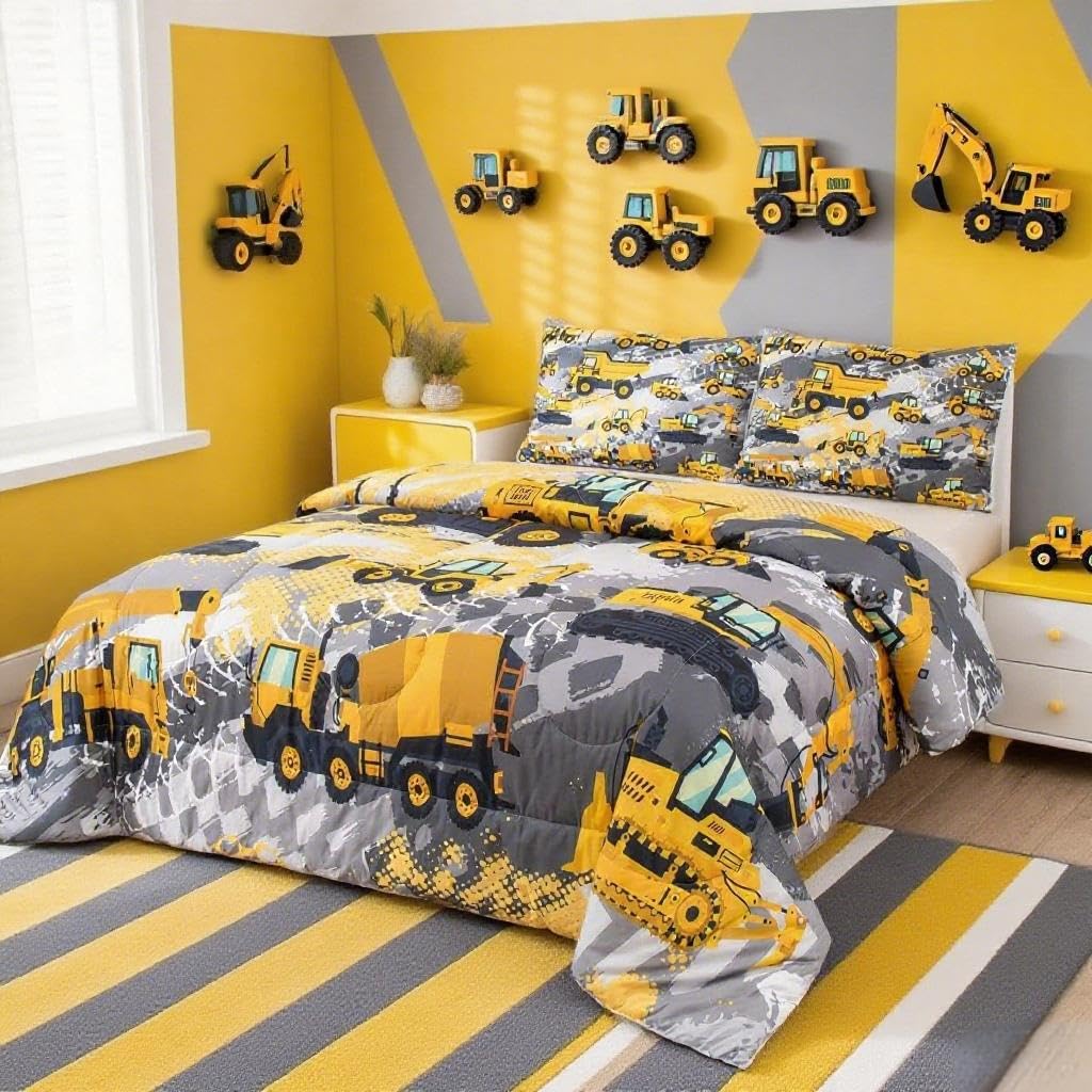 Loussiesd Boys Cartoon Car Bedding Set Kids Construction Vehicles Duvet Insert for Kids Children Cartoon Machinery Truck Duvet Set Construction Site Cars Down Duvet Single Size