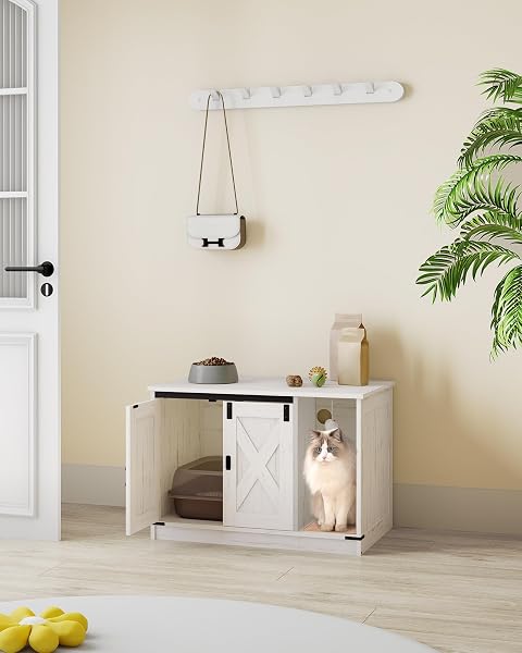 HZUANERI CAT LITTER BOX ENCLOSURE, HIDDEN LITTER BOX CABINET FURNITURE WITH BELL, INDOOR CATS HOUSE, FARMHOUSE STYLE, 31.5 X 19.7 X 20.9INCHES, FOR HALLWAY, BEDROOM, WHITE CB82414B
