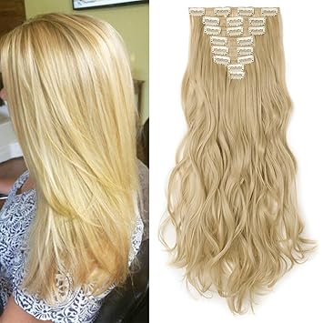 17 Clip In Hair Extensions Blonde Curly Hair Piece 8 Pcs Full