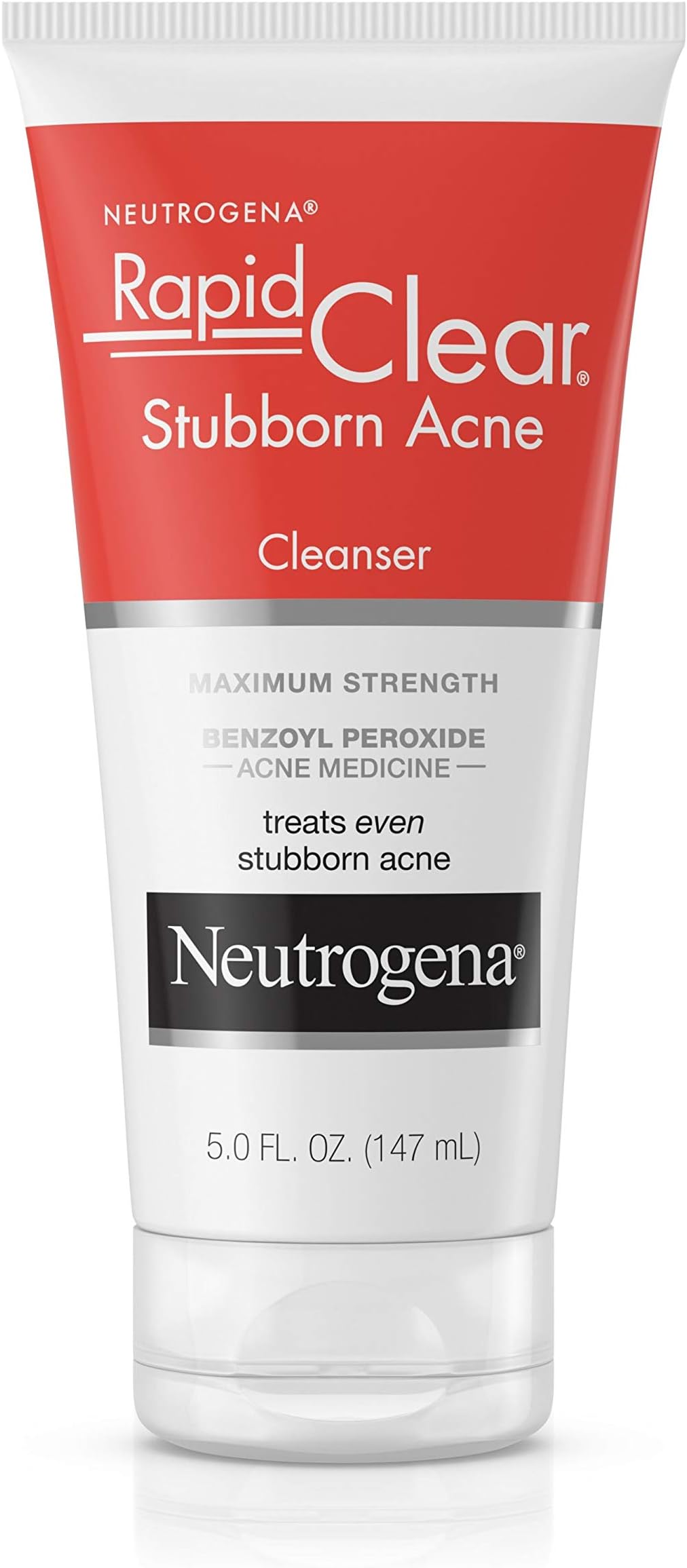 Neutrogena Rapid Clear Stubborn Acne Face Wash with 10% Benzoyl Peroxide Acne Treatment Medicine, Daily Facial Cleanser to Reduce Size and Redness of Acne, Benzoyl Peroxide Acne Face Wash, 5 Fl Oz