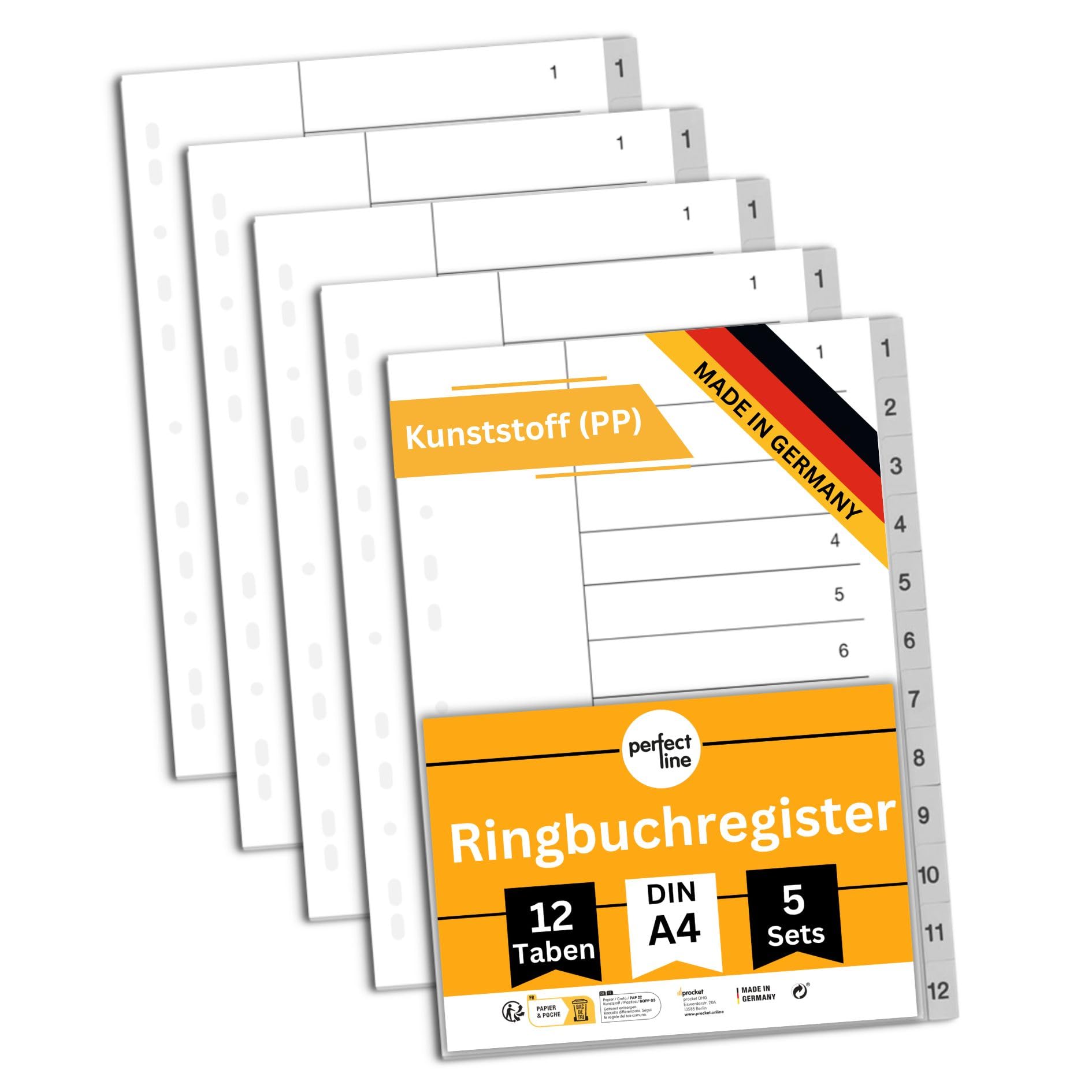perfect line Folder Index DIN A4 Made of Plastic (PP), 12 Tabs (12 Pieces), Set of 5, Grey, Dividers for File Folders, Recyclable, Made in Germany