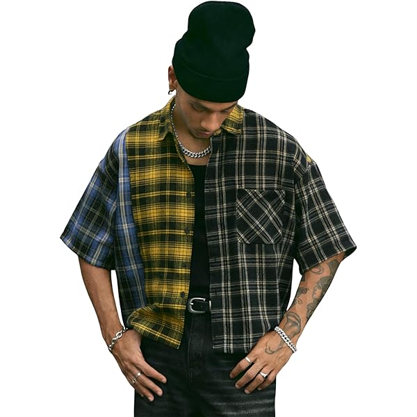 Amazon.com: GORGLITTER Men's Gingham Cropped Shirt Button Up