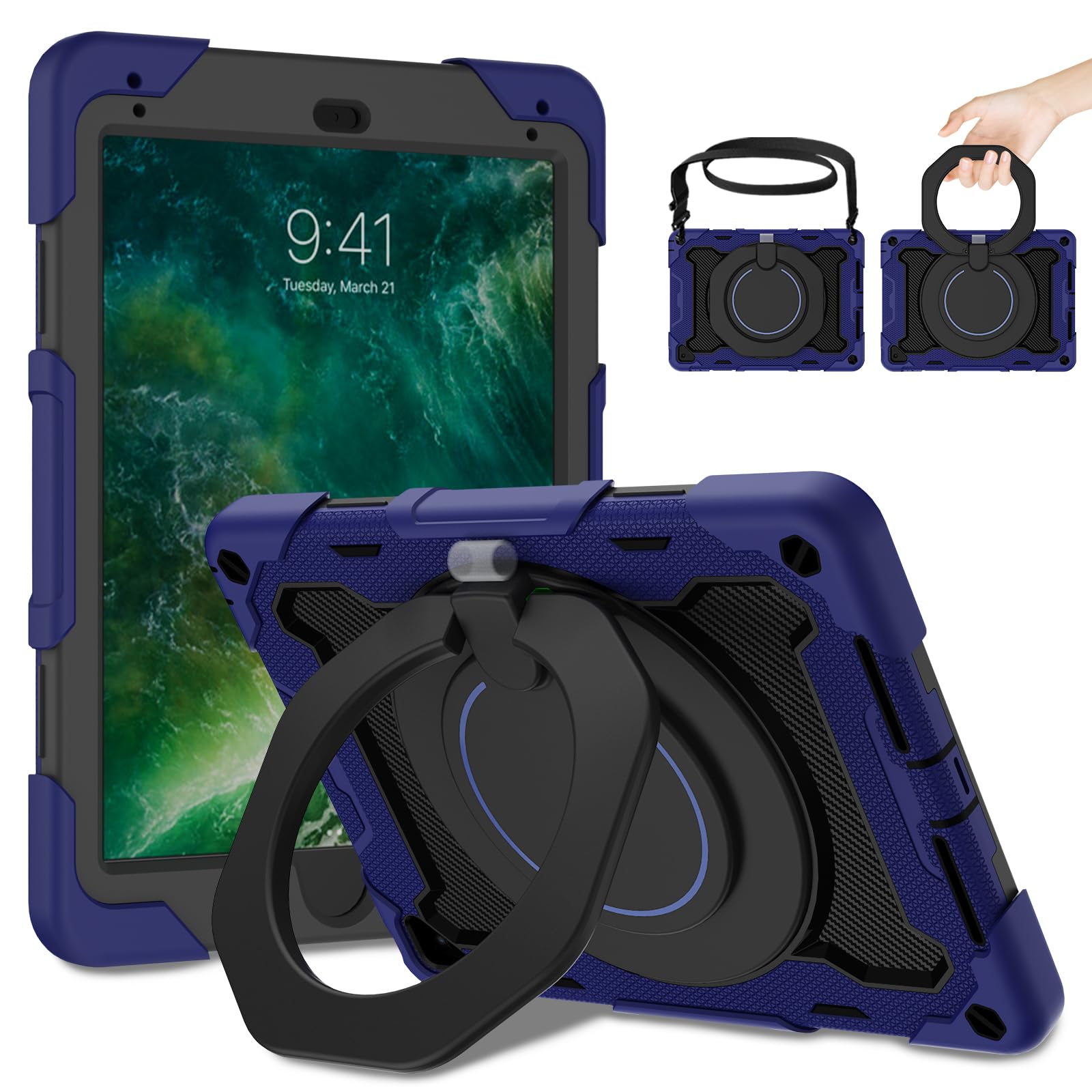 ROISKIN Case for iPad 6th/5th Generation 9.7 Inch 2017/2018 with Screen Protector: Heavy Duty Rugged Cover for iPad Air 2/ Pro 9.7 Kids Case Pencil Holder, Rotating Stand, Shoulder Strap, Navy Blue