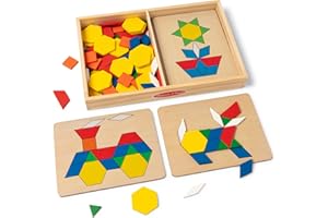 Melissa & Doug Pattern Blocks and Boards with 120 Multi-Colored Wooden Shape Tiles, 5 Double-Sided Puzzle Boards, Tangram Puzzles, Montessori Toys for Girls & Boys