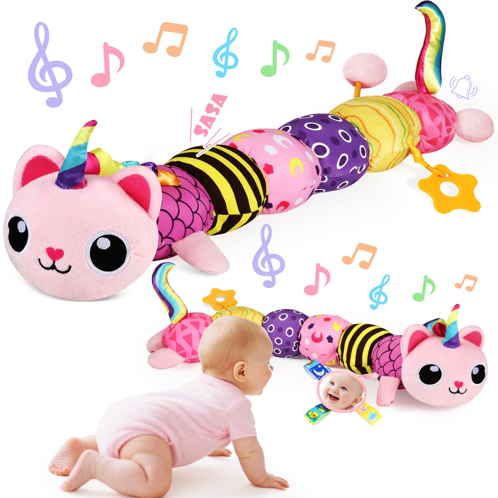 Photo 1 of Baby Toys 0-6 6-12 Months, Sensory Musical Animal Stuffed Plush Unicorn Cat Toy for Infant 0-3-6 Months & Up, Tummy Time with Mirror Crinkle Rattle, Christmas Baby Shower Gifts for Newborn Boys Girls