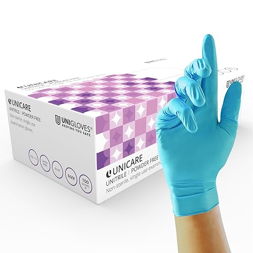 UNIGLOVES Unitrile GS0054 Medical Grade Examination Gloves - Powder and Latex Free Disposable Gloves, Box of 100, Blue, Large