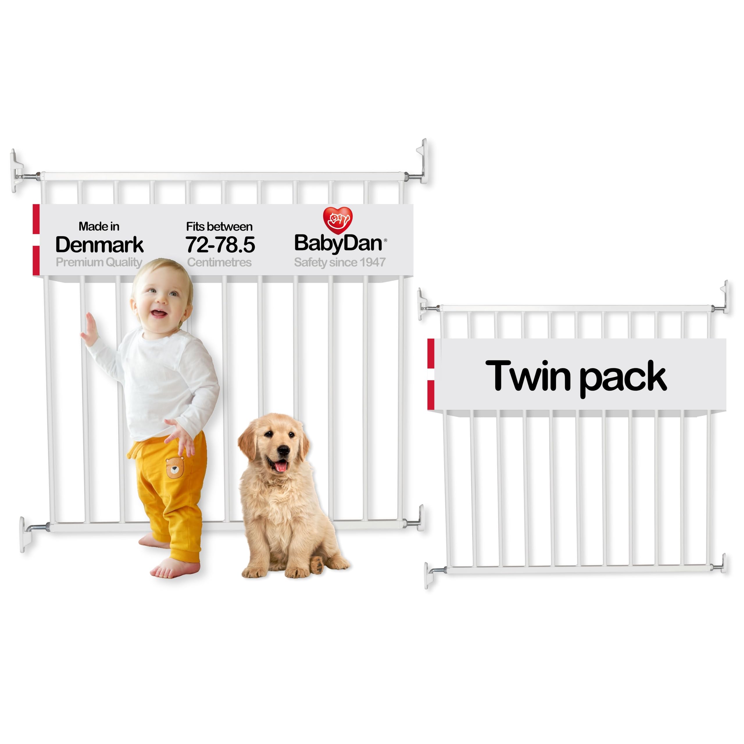 BabyDan No Trip Safety Gate (72-78.5cm)- Twin Pack. Made in Denmark., White