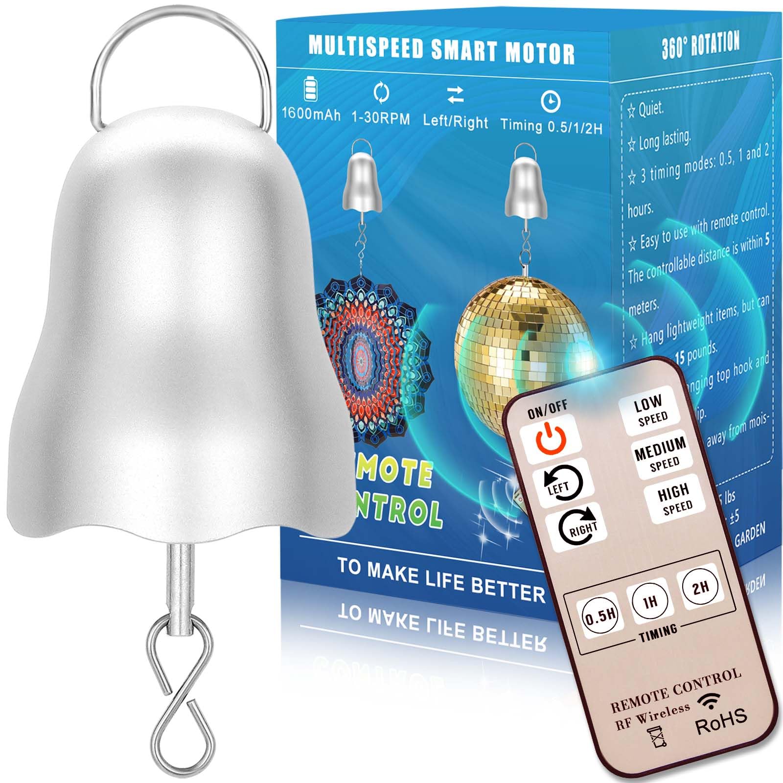 Wind Spinner Motor, 1-30 RPM Disco Ball Motor with Remote, Timing & Direction Setting, Slow Spinning Baby Crib Mobile Motors, Rotating Silver Wind Chime for Mirror Ball Ornaments