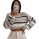 ZAFUL Women's Color Block Striped Sweater Crew Neck Lantern Sleeve Cropped Sweaters Casual Loose Knitted Tops