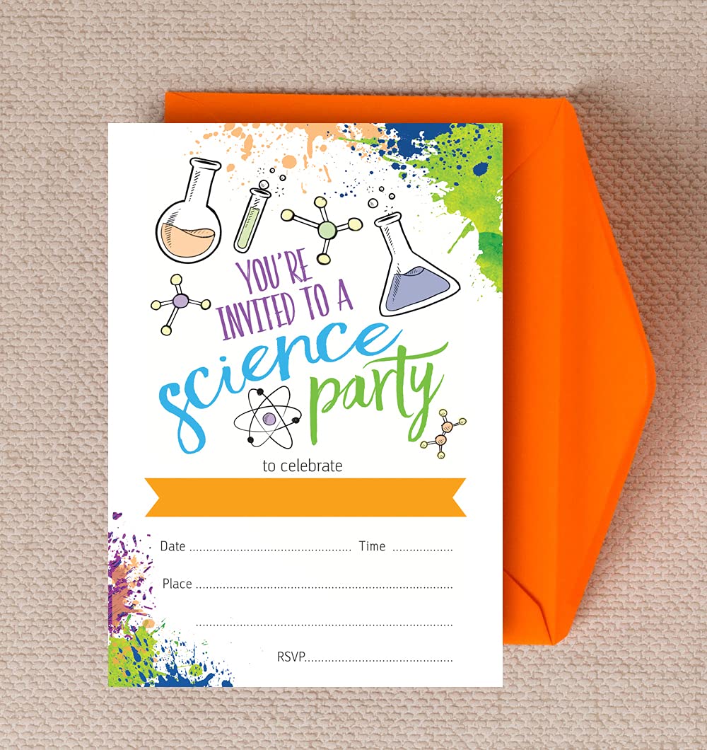 Hip Hip Hooray Pack of 10 Science Party Scientist Birthday Party Invitations Invites with Envelopes