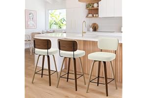 Bekrvio Swivel Counter Height Bar Stools Set of 3, 26" Upholstered Faux Leather Barstools with Back and Bent Wood Legs, Mid Century Modern Bar Chair Island Stool for Kitchen Counter, Cream White