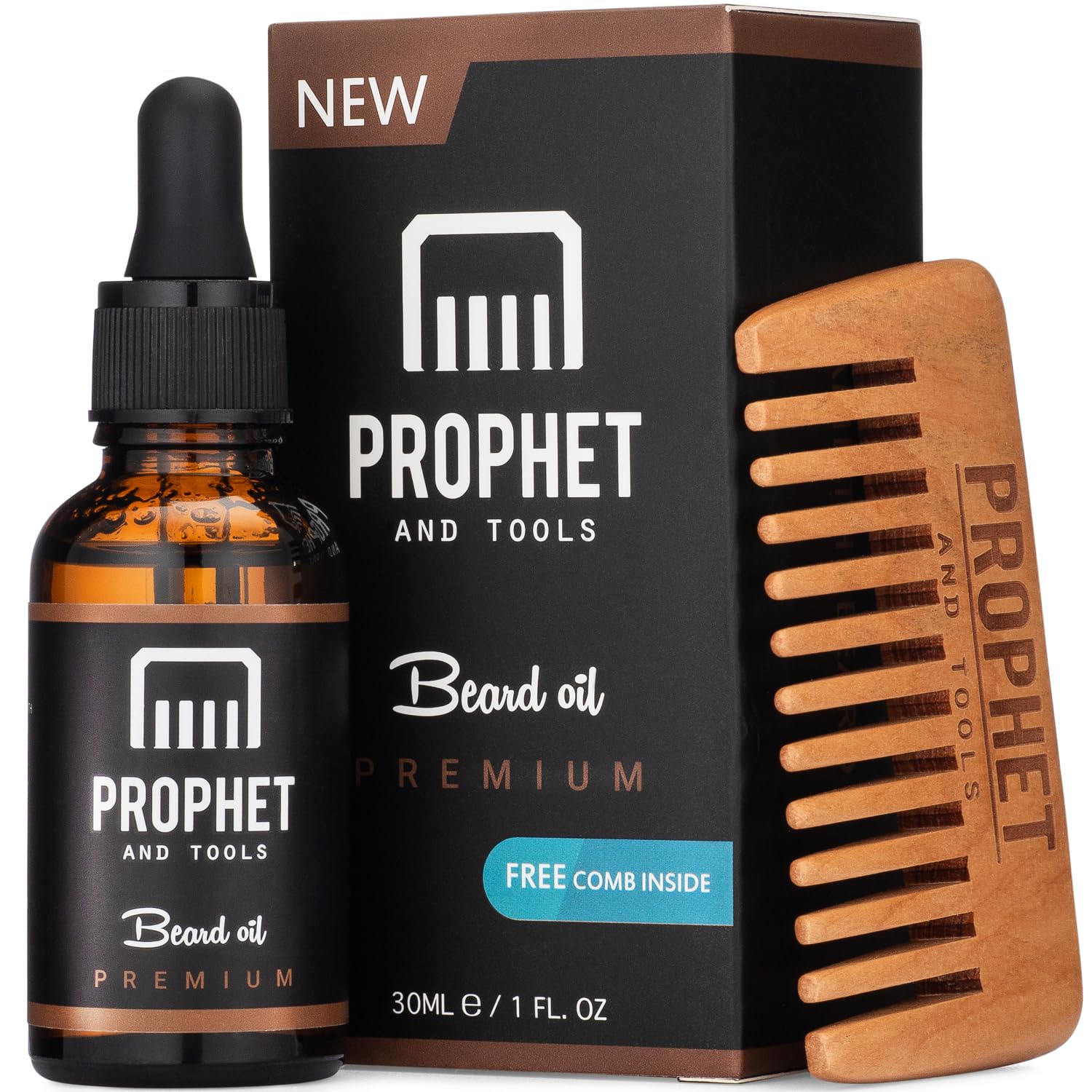 Prophet and Tools Premium Unscented Beard Oil & Comb Set - Thickens & Softens Beard, Reduces Itch & Flaking, 100% Natural, Fast-Absorbing Formula - Ideal for Beard Growth & Grooming - 30ml
