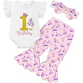 Chicingyou Baby 1st Birthday Outfit Girl One Year Old Clothes Butterfly Romper Flared Pant Headband Set for Little Girl Gifts