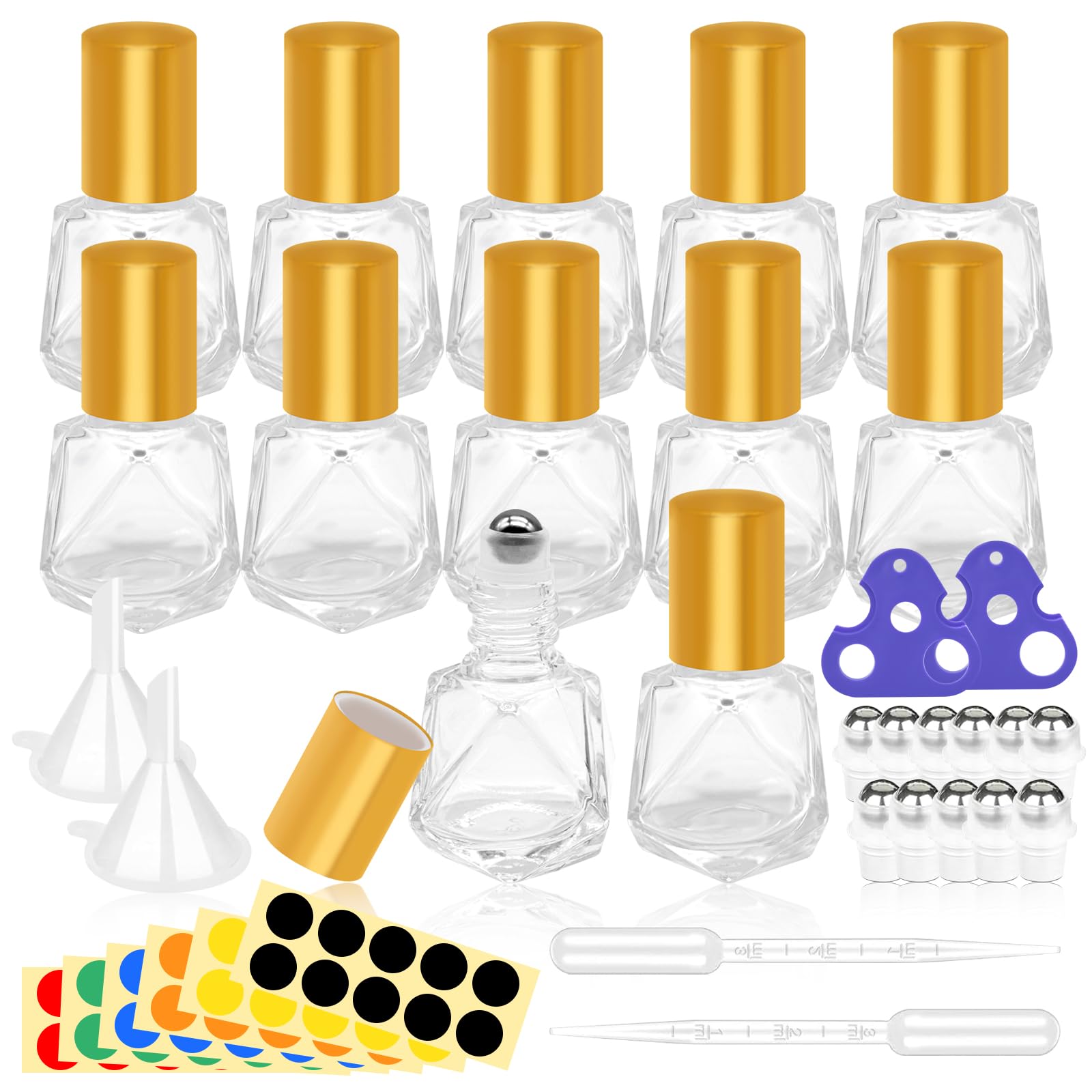 Yauhar 12Pcs 8ml/0.27oz Travel Essential Oil Roll On Bottle with Stainless Steel Ball Gold Cap Set Contains Polygonal Clear Glass Roller Bottle, Openers, Droppers, Funnels and Labels