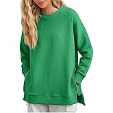 Fazortev Women's Oversized Sweatshirts Long Sleeve Crew Neck Ribbed Pullover Loose Side Zipper Tunic Tops