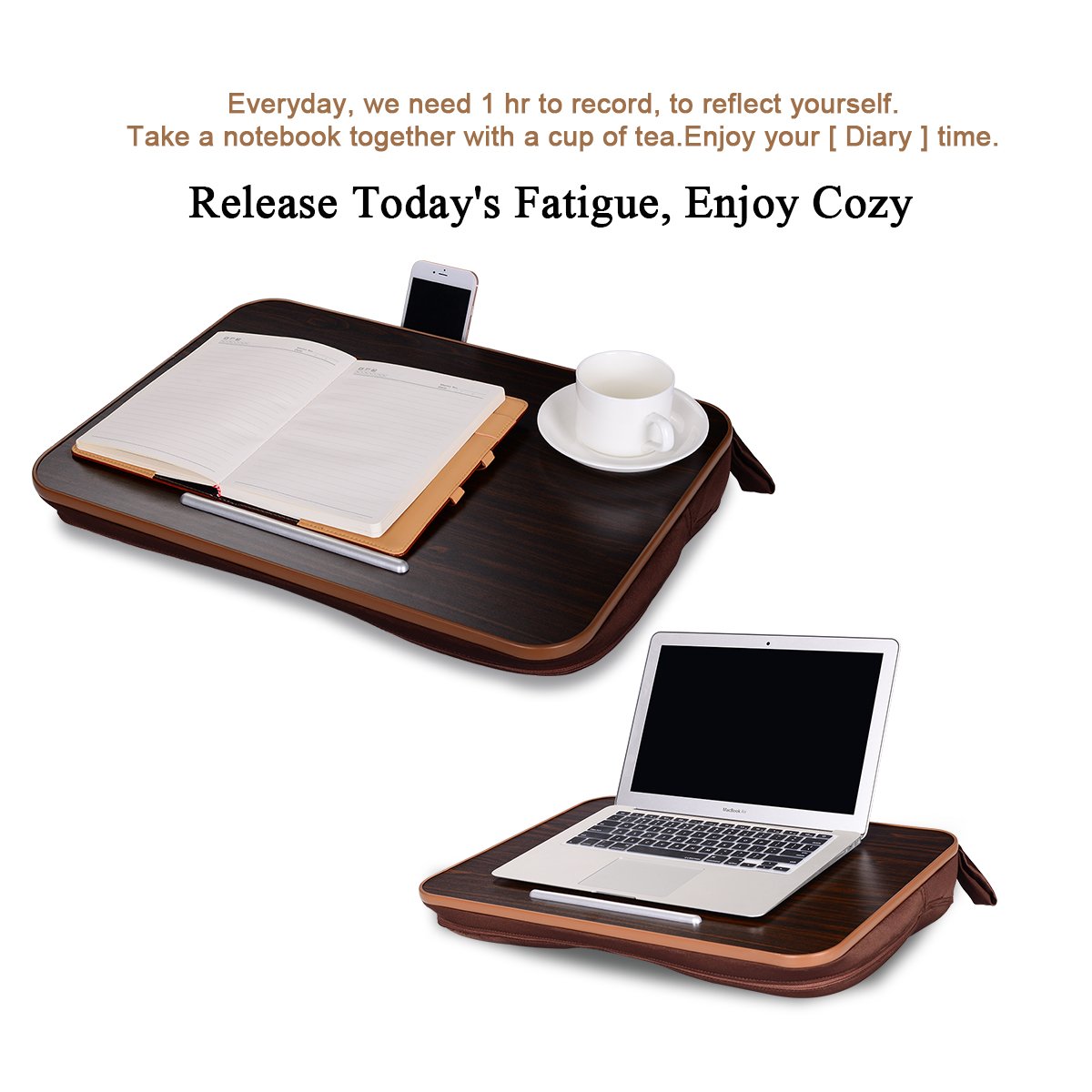Laptop Desk Portable Nnewvante Multi-function Cushion Computer Lap Stand, Writing Reading Knee Pad, Macbook iPad Tablet Fits up to 18in, Portable Hand Pillow, Square Walnut