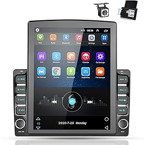 Android 9.0 Double Din GPS Navigation Car Stereo, 9.7'' Vertical Touch Screen 2.5D Tempered Glass Mirror Bluetooth Car Radio with Backup Camera