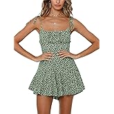 Jeanewpole1 Women's Boho Floral Wide Leg Short Romper Spaghetti Strap Smocked Jumpsuit